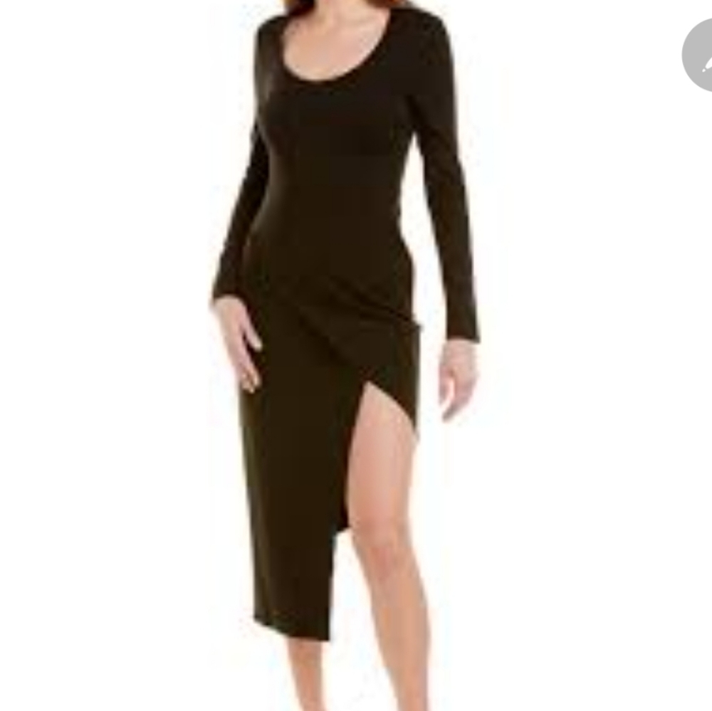 Halston black knit dress fitted long sleeve asymmetric hem sz 2 and 0 LBD party